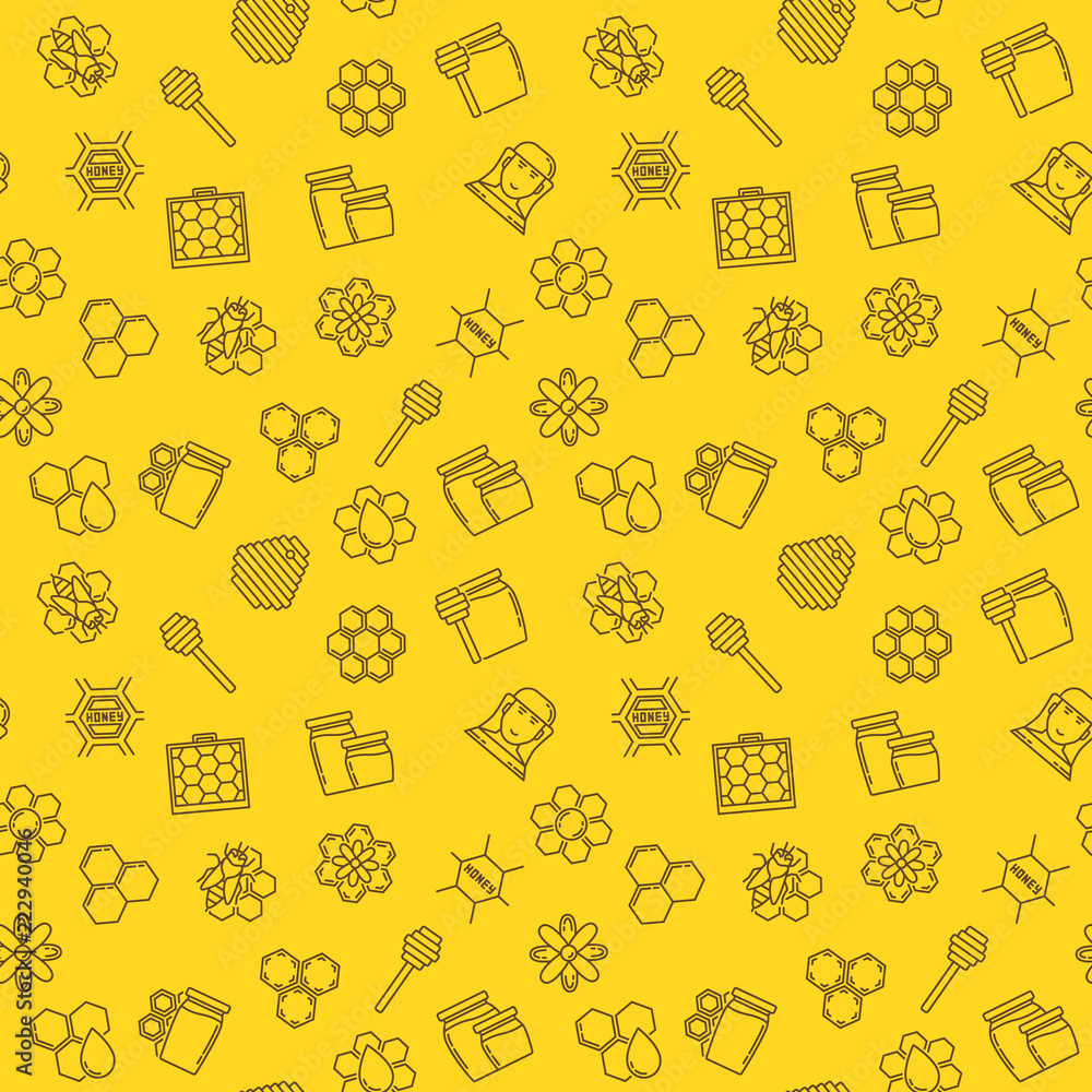 Poster honey and beekeeping vector linear seamless pattern