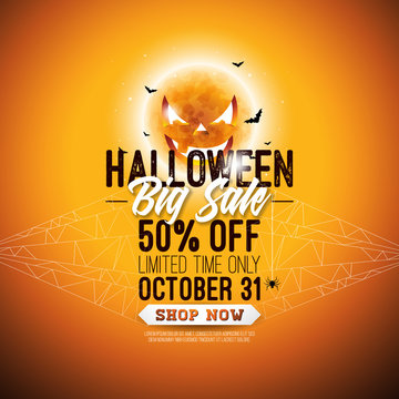 Halloween Sale vector illustration with scary faced moon, flying bats, cobweb and typography lettering on orange background. Design for offer, coupon, banner, voucher or promotional poster.