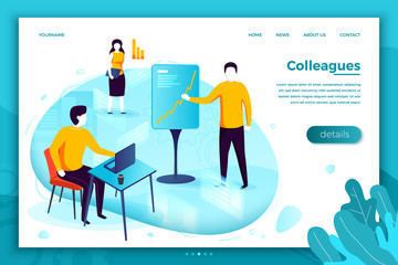 Vector concept illustration -  man with presentation, colleagues meeting in office. Modern bright banner, site template with place for your text.