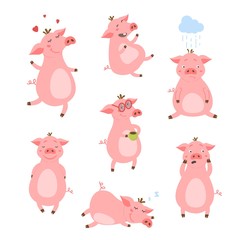Set of cute pigs. Pigs with different characters. Vector illustration.