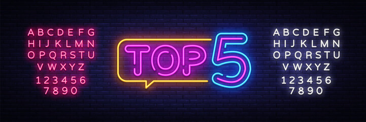 Top 5 Neon Text Vector. Top Five neon sign, design template, modern trend design, night neon signboard, night bright advertising, light banner, light art. Vector. Editing text neon sign
