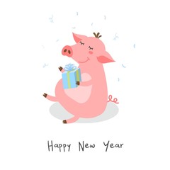 Happy new year. Postcard with cute piggy. 2019.