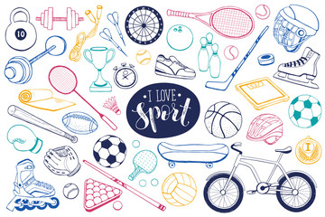 Collection of vector sport equipment. Doodle sport items illustration. Hand drawn sport balls, rackets, bicycle isolated on white background.