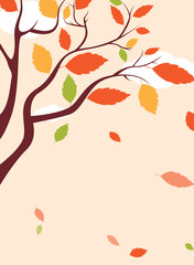 Beige autumn background with trees and falling leaves.