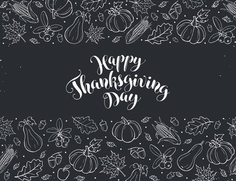 Happy Thanksgiving greeting card template. Autumn composition with hand drablackboard. Thanksgiving banner.