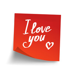 Red sticky note with text "I love you!". Vector illustration.