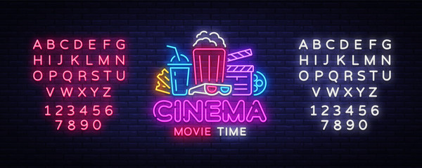 Movie Time Neon Logo Vector. Cinema Night neon sign, design template, modern trend design, night neon signboard, night light advertising, light banner, light art. Vector. Editing text neon sign