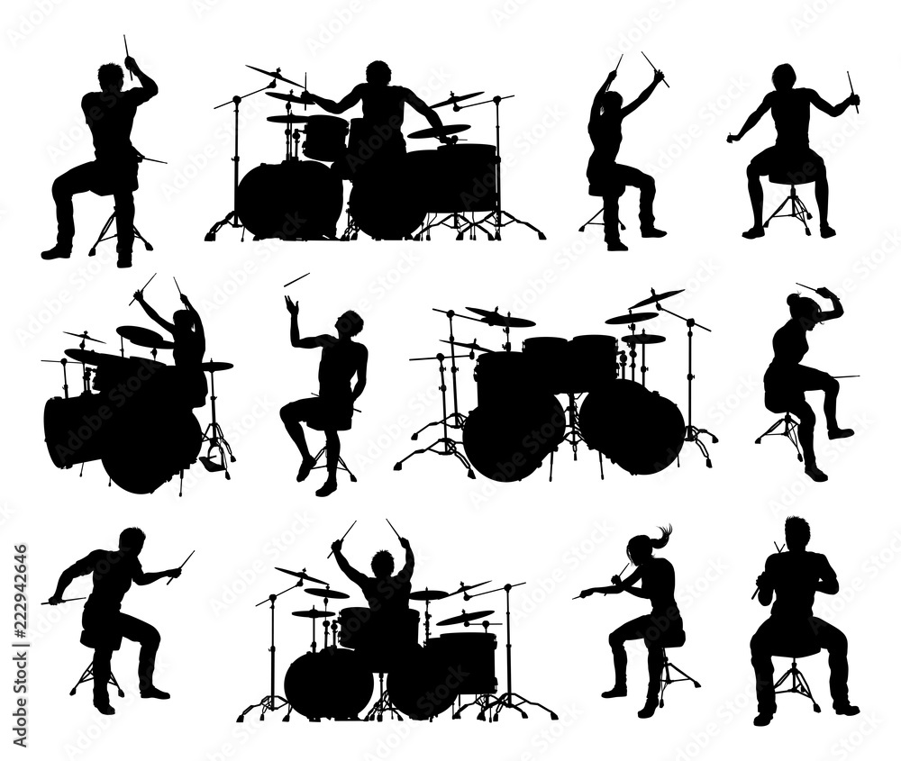 Wall mural A set of high quality detailed drummer and drum kit musician silhouettes