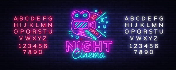 Cinema Night neon sign vector. Movie Night Design template neon sign, cinema light banner, neon signboard, nightly bright advertising, light inscription. Vector. Editing text neon sign