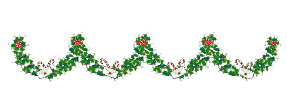 Christmas seamless border with holly leaves, holly berries, letters and sweet candy sticks. Decorative design element