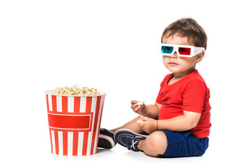 kid with popcorn and 3d glasses isolated on white