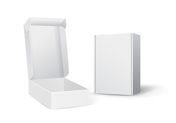 Set of small white cardboard boxes mockups. Template for product packaging. Opened box or closed. Vector illustration