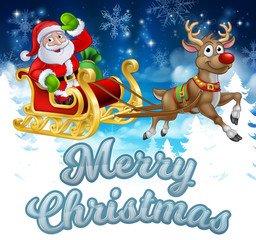 Santa Claus in his sleigh pulled by reindeer with winter landscape background cartoon and Merry Christmas message