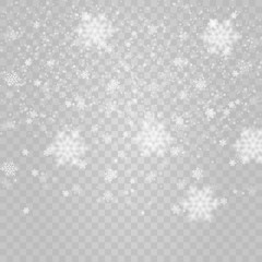 Vector heavy snowfall, snowflakes in different shapes and forms. Many white cold flake elements on transparent background. White snowflakes flying in the air. Snow flakes, snow background.