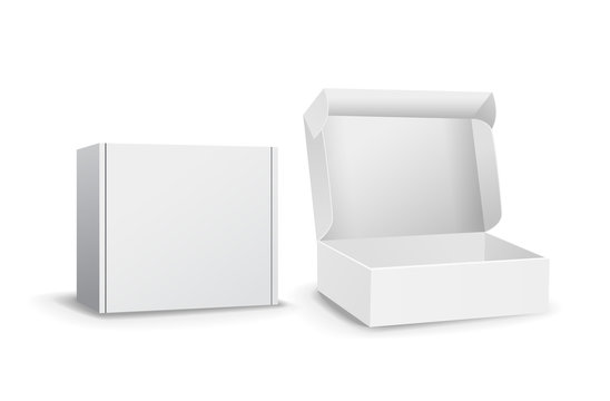 Set of small white cardboard boxes mockups. Template for product packaging. Opened box or closed. Vector illustration