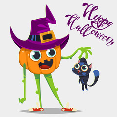 Cute funny pumpkin in the hat of a witch and with a black cat. Vector Halloween banner with cartoon vegetable character and hand text.