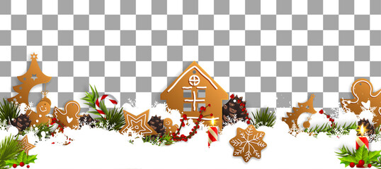 Christmas border (Weihnachten Girlande) with fir branches, pine cones, holly, and string lights. Merry Christmas background with open space for your text.