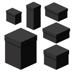 Set of isometric black boxes of different sizes for packaging, gifts, transportation of goods. Flat vector cartoon illustration. Objects isolated on a white background.