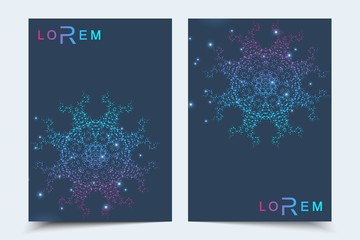 Scientific brochure design template. Vector flyer layout, Molecular structure with connected lines and dots. Scientific pattern atom DNA with elements for magazine, leaflet, cover, poster design