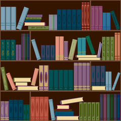 Bookcase, books on the shelves. Seamless pattern. Vector illustration.