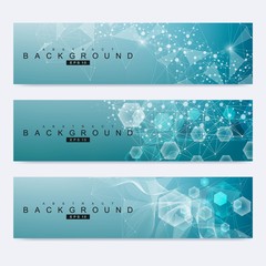 Scientific set of modern vector banners. DNA molecule structure with connected lines and dots. Science vector background. Medical, tecnology, chemistry design