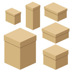 Set of isometric craft boxes of different sizes for packaging, gifts, transportation of goods. Flat vector cartoon illustration. Objects isolated on a white background.
