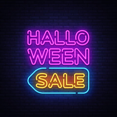 Halloween Sale Text Vector. Halloween Sale neon sign, design template, modern trend design, night neon signboard, night bright advertising, light banner, light art. Vector illustration