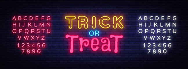 Trick or Treat neon text vector design template. Trick or Treat neon logo, light banner design element colorful modern design trend, night advertising, bright sign. Vector. Editing text neon sign