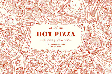 Italian pizza and ingredients frame. Italian food banner design template. Vintage hand drawn vector illustration. Can be use for menu or packaging.