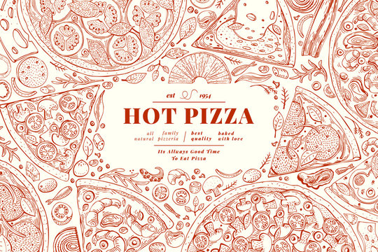 Italian pizza and ingredients frame. Italian food banner design template. Vintage hand drawn vector illustration. Can be use for menu or packaging.