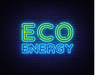 Eco Energy Neon Logo Vector. Green Energy neon sign, design template, modern trend design, night neon signboard, night bright advertising, light banner, light art. Vector illustration