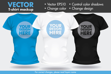 Replace Design, Change Colors Mock-up T-shirt Template Female Woman Vector - 222946645