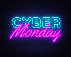 Fototapeta na wymiar Cyber Monday concept banner in fashionable neon style, luminous signboard, nightly advertising of sales rebates of cyber Monday. Vector illustration for your projects