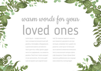 Wedding invitation, beautiful greeting card, vector watercolor banner. Angled frame with green eucalyptus leaves, boxwood, rose and forest fern isolated on white © OLEKSII