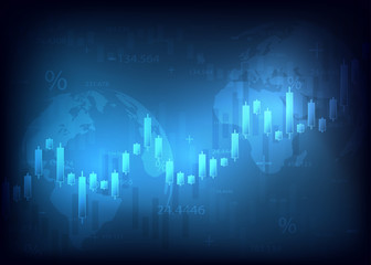 Business chart with uptrend line graph, bar chart and stock numbers market on blue background