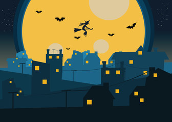 witch over town at night vector illustration 