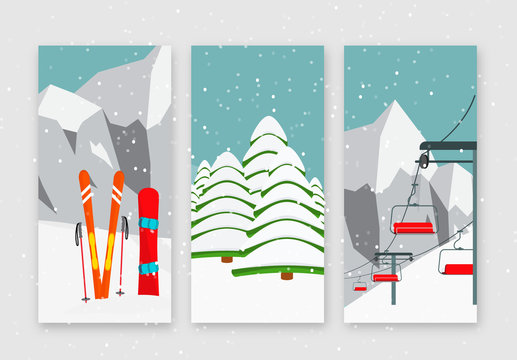 Ski resort season is open, winter web banners set design. Ski lift, equipment, snowboard, Alps, fir trees, falling snow, mountains panoramic background, flat vector illustration.