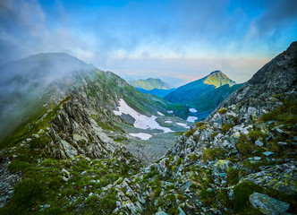 Fototapeta na wymiar Mountain landscape, hiking trail in Fagaras mountains, Romania 