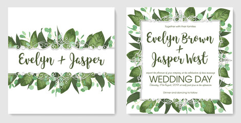 Set wedding invitation cards, invite a card. Vector watercolor style, forest greens, greens, eucalyptus, lily leaves, botanical green. Horizontal exquisite white frame - obrazy, fototapety, plakaty