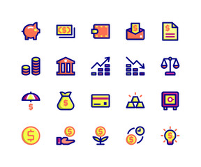 Simple Set of Financial Related Vector Filled Line Icons. Contains such Icons as piggy, money, wallet, bill, coins and More. pixel perfect vector icons based on 32px grid. Well Organized and Layered.