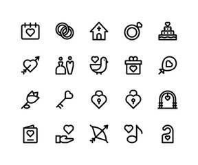 Simple Set of Wedding Related Vector Line Icons. Contains such Icons as date, ring, church, cake, arch and More. pixel perfect vector icons based on 32px grid. Well Organized and Layered