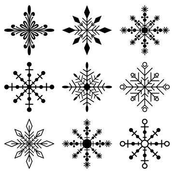 Snowflakes black silhouette vector simple icons set isolated on white background.