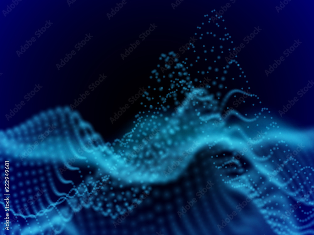 Poster digital landscape with flowing dots. 3d particle sound waves. big data abstract visualization: busin