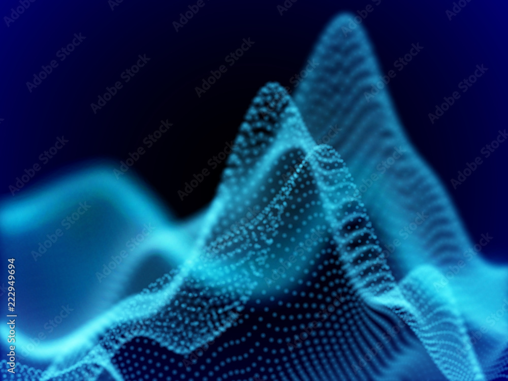 Poster digital landscape with flowing dots. 3d particle sound waves. big data abstract visualization: busin