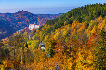 Fototapeta premium Architecture of Karlovy Vary (Karlsbad) in autumn, Czech Republic. It is the most visited spa town in the Czech Republic