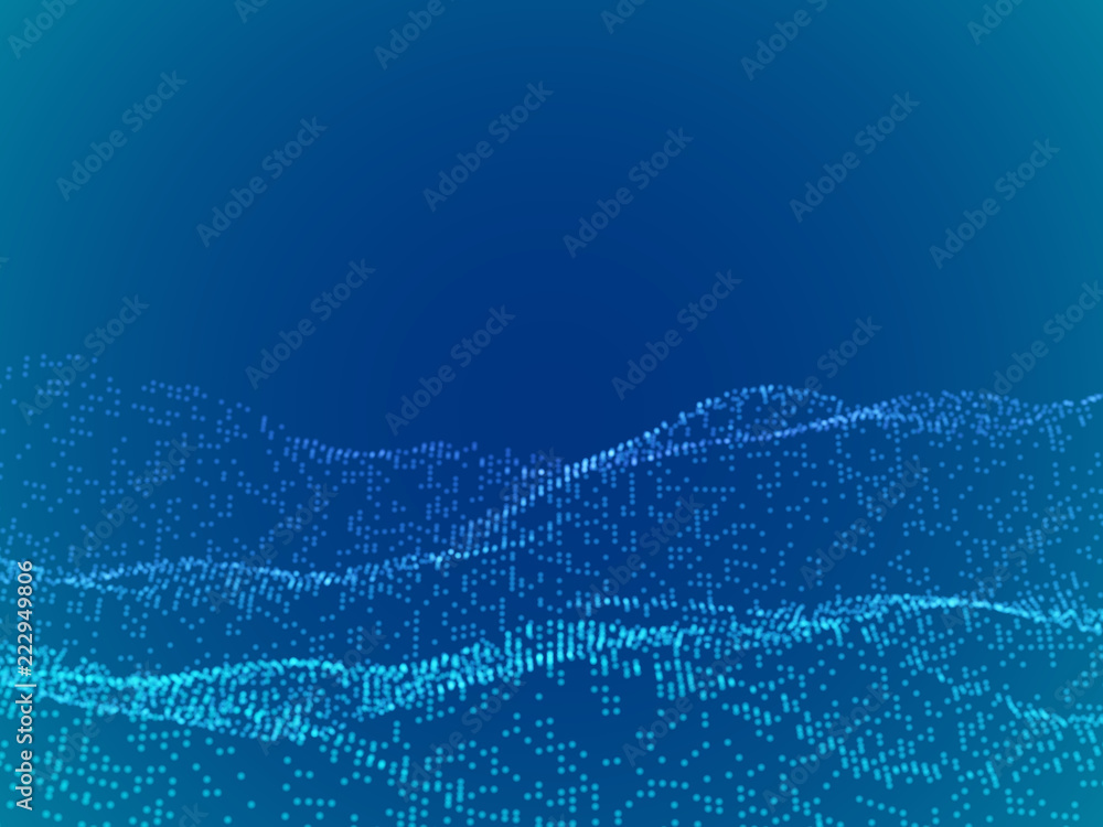 Poster abstract digital landscape or waves with flowing particles. big data or technology background. visua