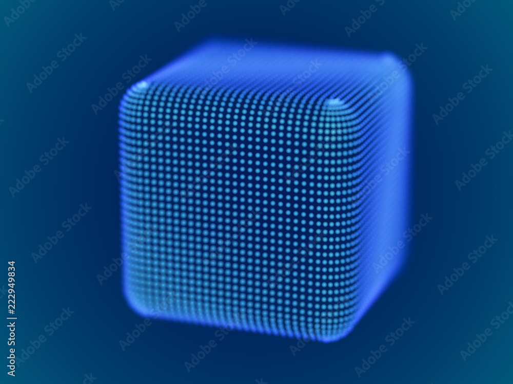 Poster cyber space concept: 3d digital cube consisting of glowing particles. cyber security, big data, data