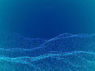 Abstract digital landscape or waves with flowing particles. Big data or technology background. Visualization of sound waves. Virtual reality concept: 3D digital surface. EPS 10 vector illustration.