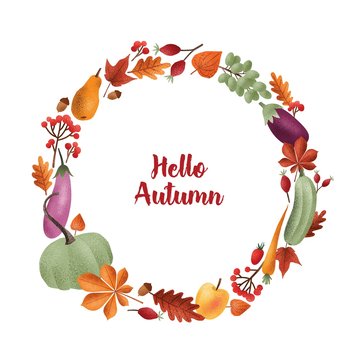 Hello Autumn inscription written with elegant calligraphic script inside round frame or wreath made of seasonal vegetables, fruits, fallen leaves, acorns, berries