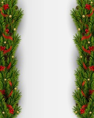 Vector Christmas background with realistic christmas tree and decorations. Holiday background